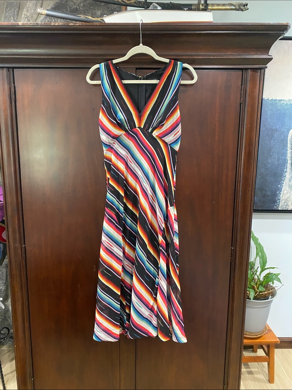 Ralph Lauren V-Neck Striped Midi Dress in Black, Red, Blue & Pink